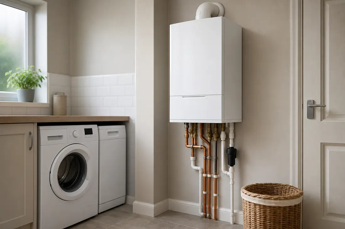 Moderner wandhängender Gas-Brennwertkessel in einem aufgeräumten Technikraum eines Einfamilienhauses