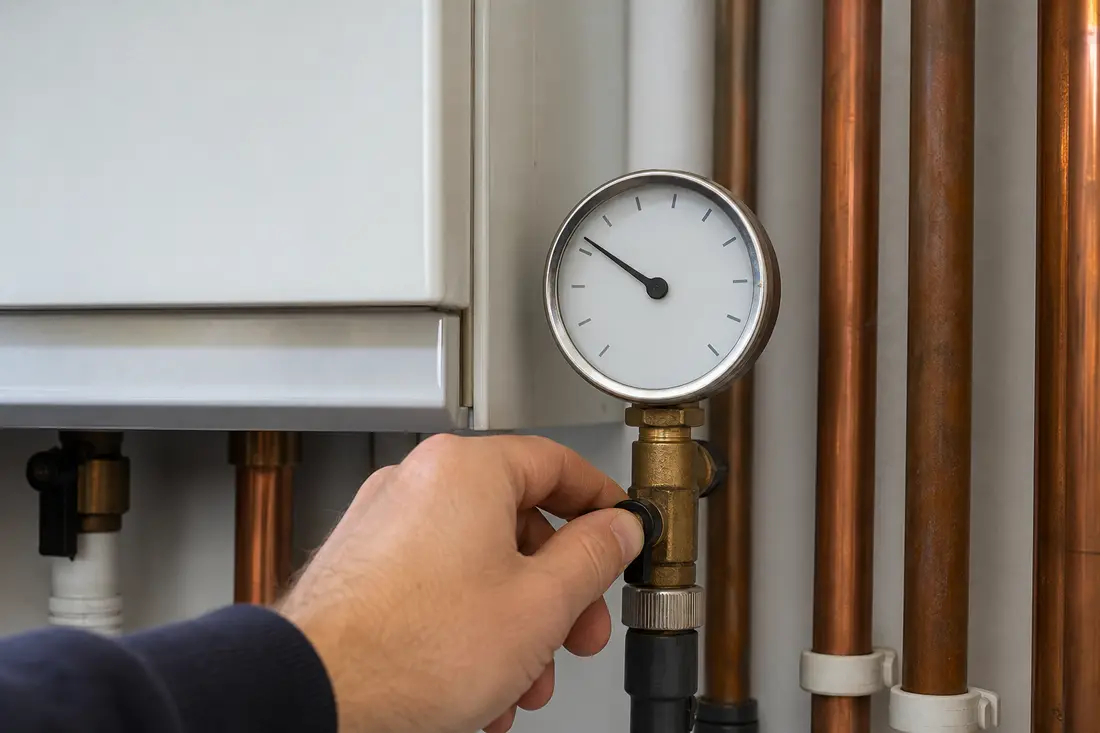 Manometer einer Heizungsanlage mit Anzeige des Heizkreisdrucks beim Nachfüllen von Wasser