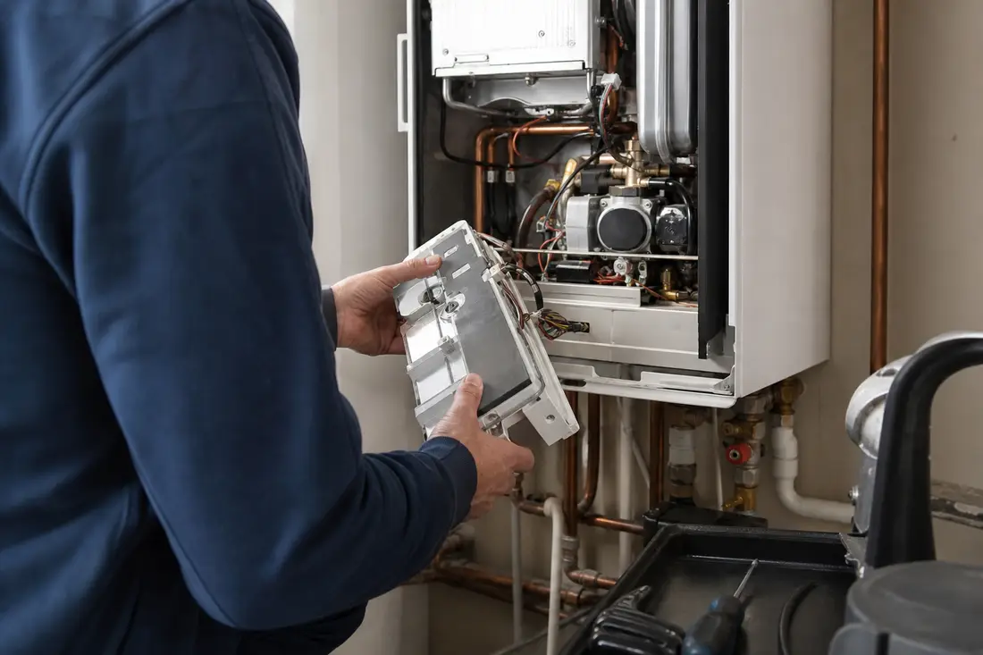 Heizungsmonteur prüft einen Gaskessel im Technikraum während des jährlichen Wartungsservice