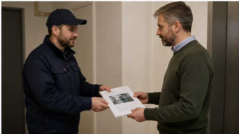 Heizungsfachperson übergibt einer Verwaltung einen kurzen, strukturierten Besuchsbericht