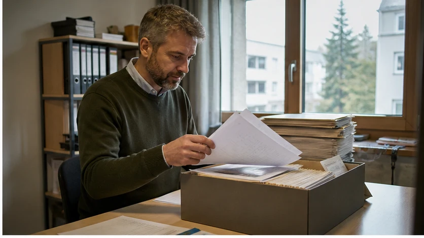 Verwalterin sortiert Zugänge, alte Rapporte und eine neutrale Beschwerdeübersicht vor einem Termin