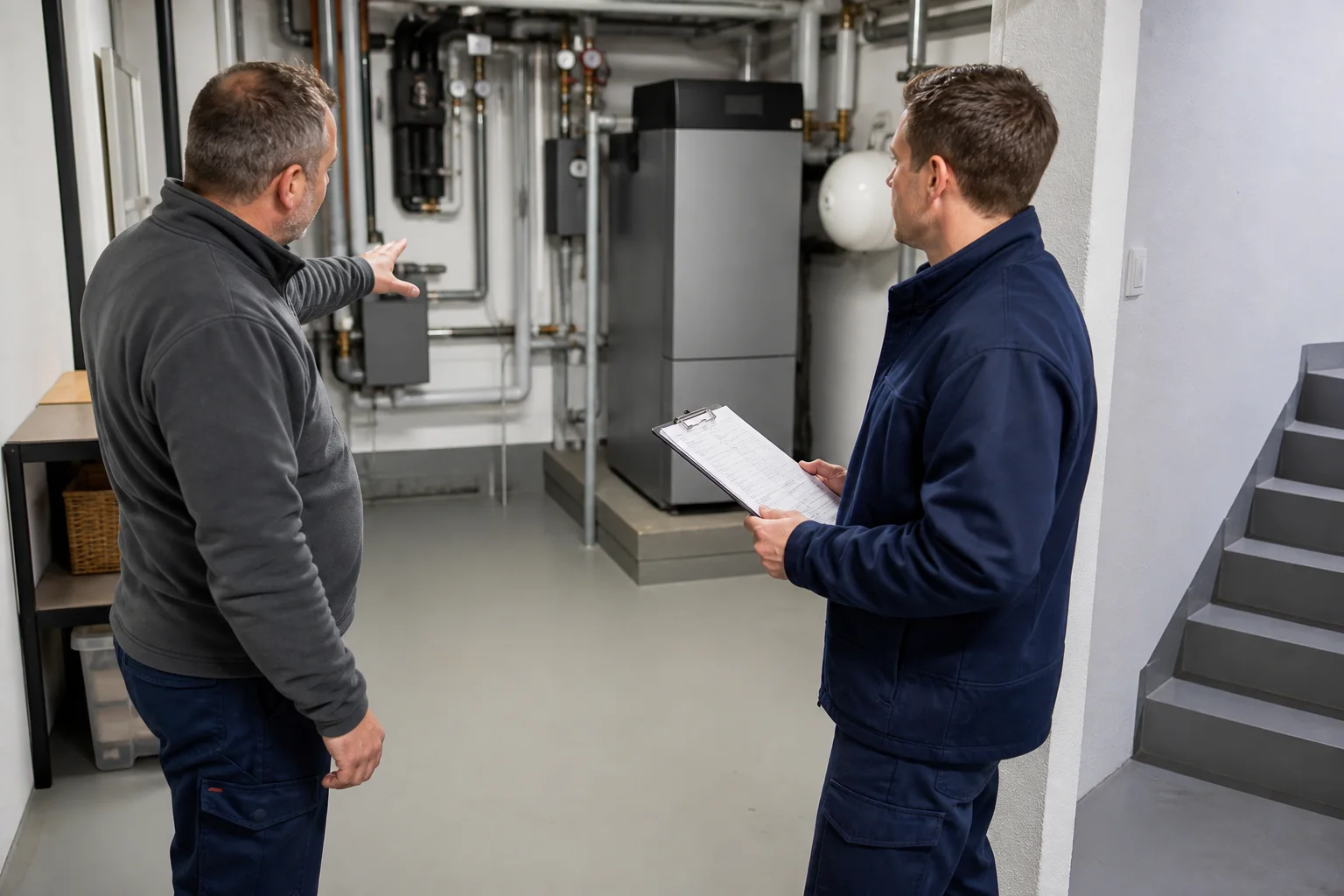 Hauswart und Heizungsmonteur prüfen gemeinsam den freien Zugang und die bereitgelegten Anlagenunterlagen