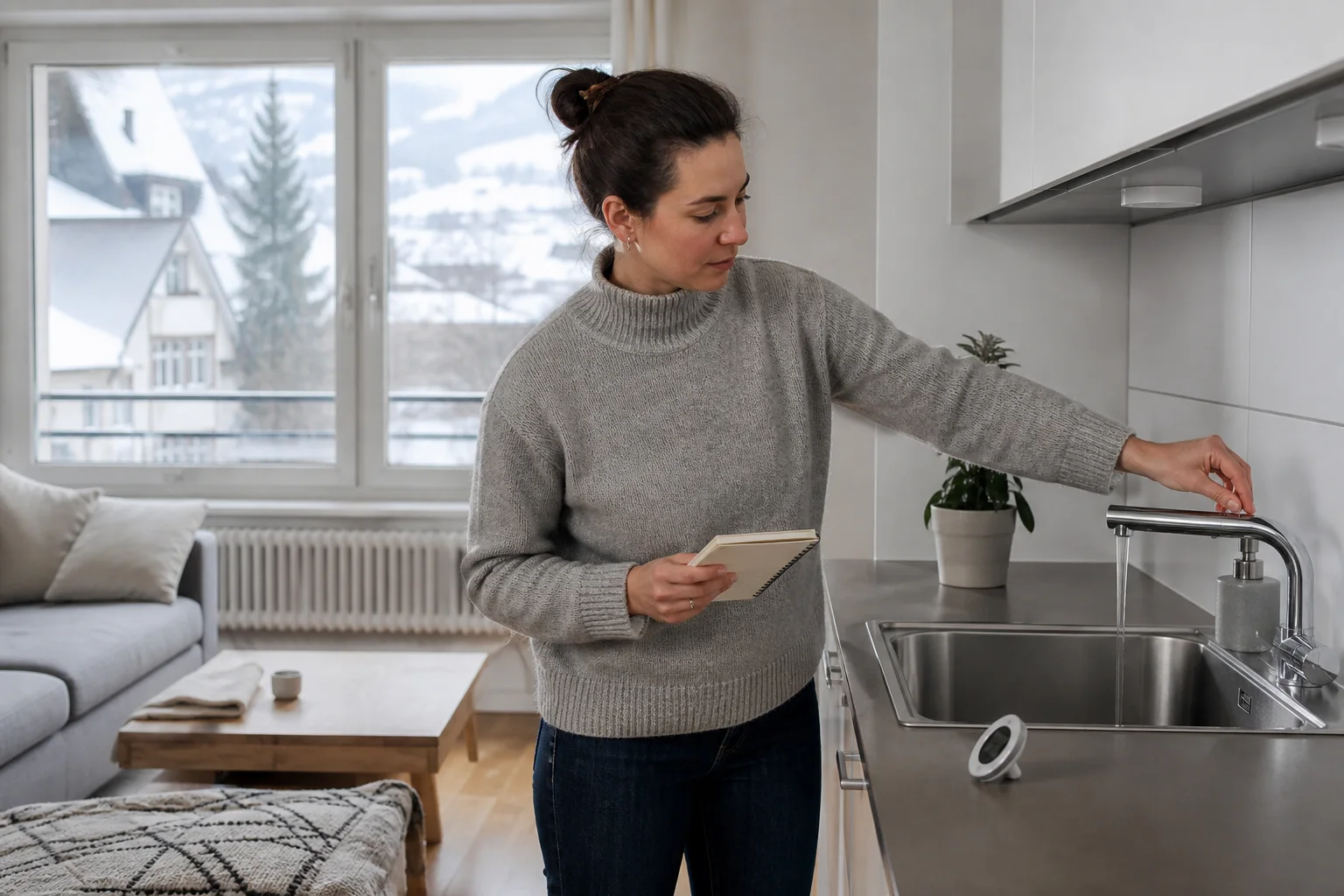 Bewohnerin notiert Raumtemperaturen und Warmwasserstatus in einer hellen Wohnung ohne hektische Reparaturversuche