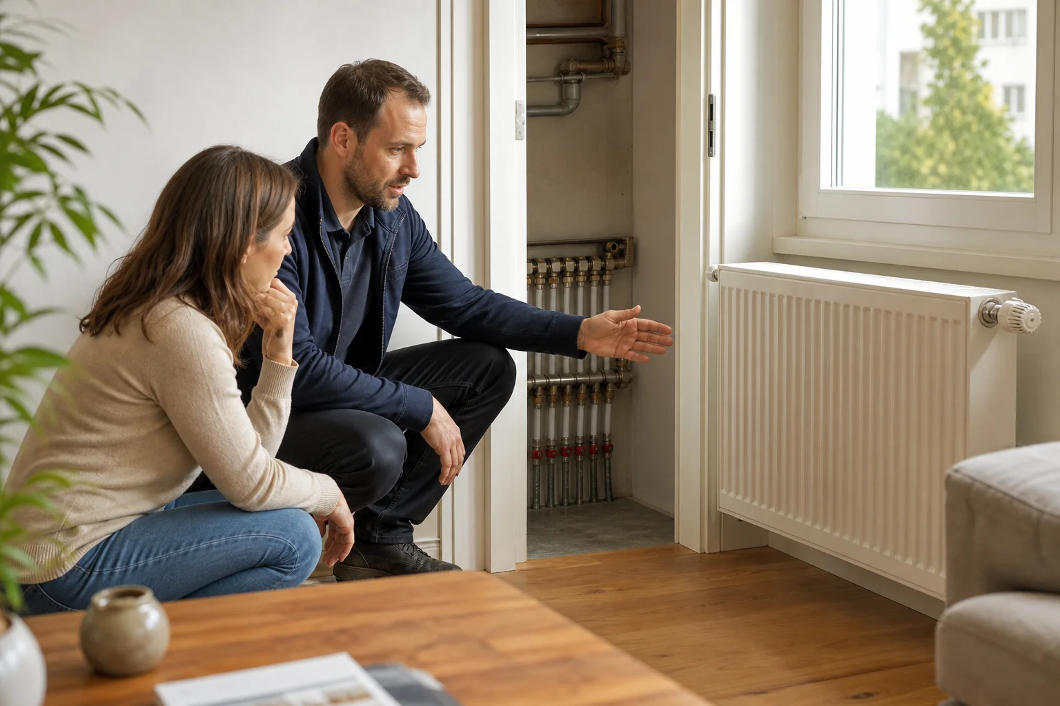 Fachperson und Hauseigentümerin betrachten einen Heizkörper und einen Verteiler einer Fussbodenheizung