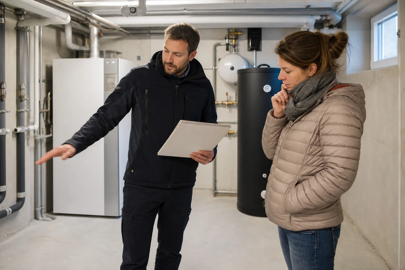 Zwei Personen prüfen im Technikraum Platz und Leitungsweg für einen Heizungsersatz
