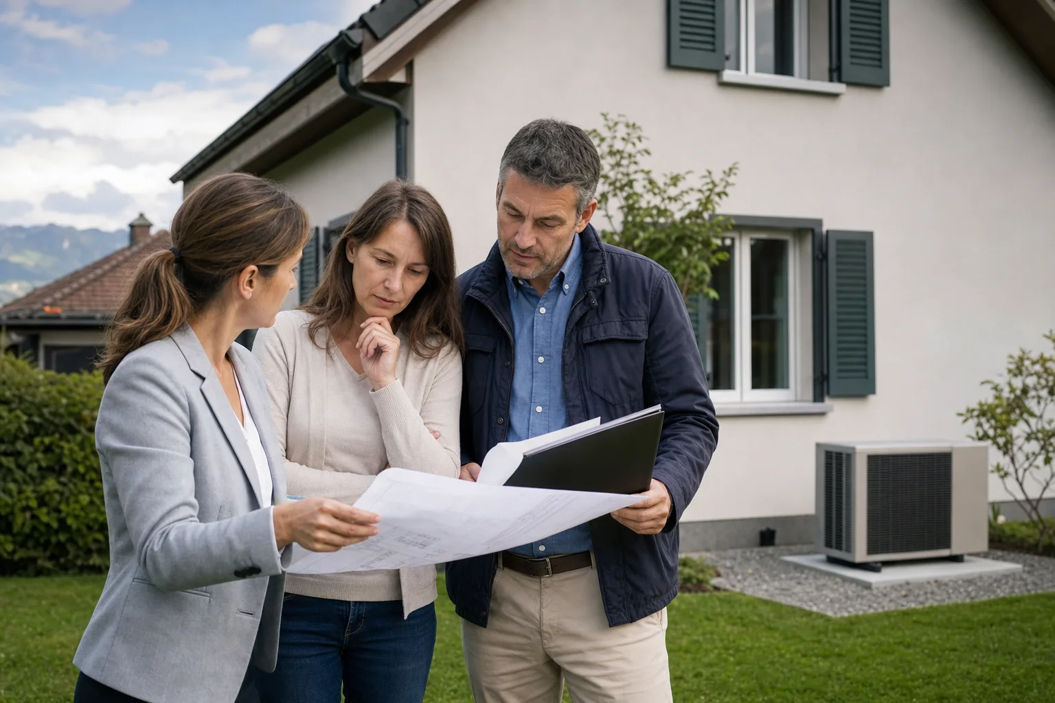 Energieberaterin und Hauseigentümer prüfen Unterlagen vor einer Luft-Wasser-Wärmepumpe an einem Schweizer Einfamilienhaus